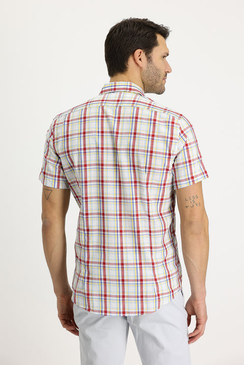 Bayrak Kırmızı Kısa Kol Slim Fit Dar Kesim Ekose Pamuklu Gömlek