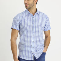 Açık Mavi Kısa Kol Slim Fit Dar Kesim Ekose Pamuklu Gömlek