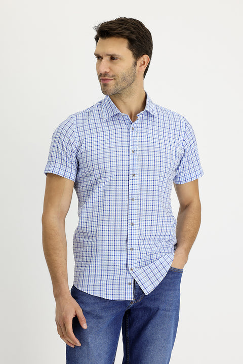 Açık Mavi Kısa Kol Slim Fit Dar Kesim Ekose Gofre Pamuklu Gömlek