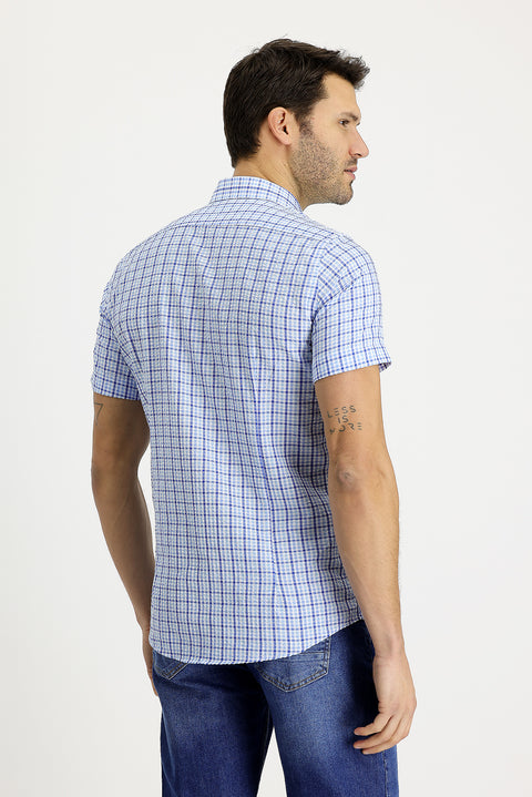 Açık Mavi Kısa Kol Slim Fit Dar Kesim Ekose Gofre Pamuklu Gömlek