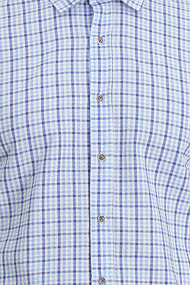 Açık Mavi Kısa Kol Slim Fit Dar Kesim Ekose Pamuklu Gömlek