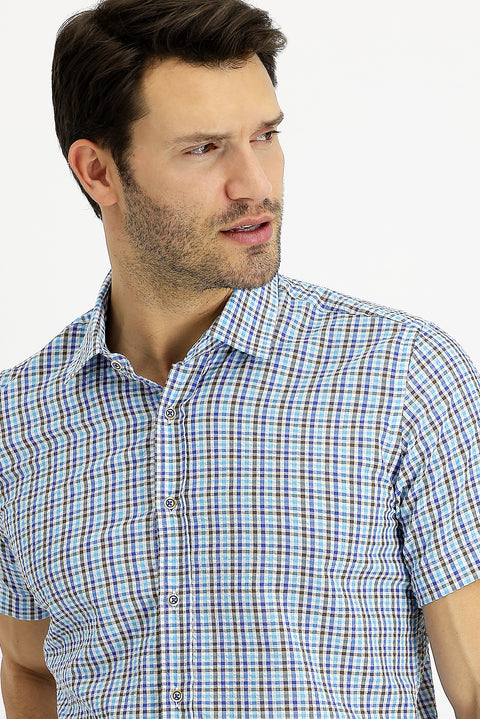 Mavi Kısa Kol Slim Fit Dar Kesim Ekose Gömlek
