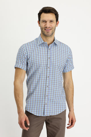  Mavi Kısa Kol Slim Fit Dar Kesim Ekose Gömlek