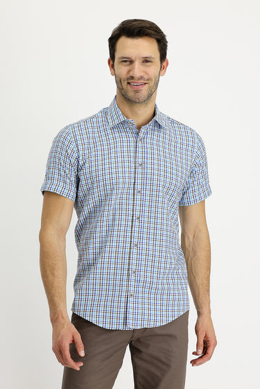Mavi Kısa Kol Slim Fit Dar Kesim Ekose Pamuklu Gömlek
