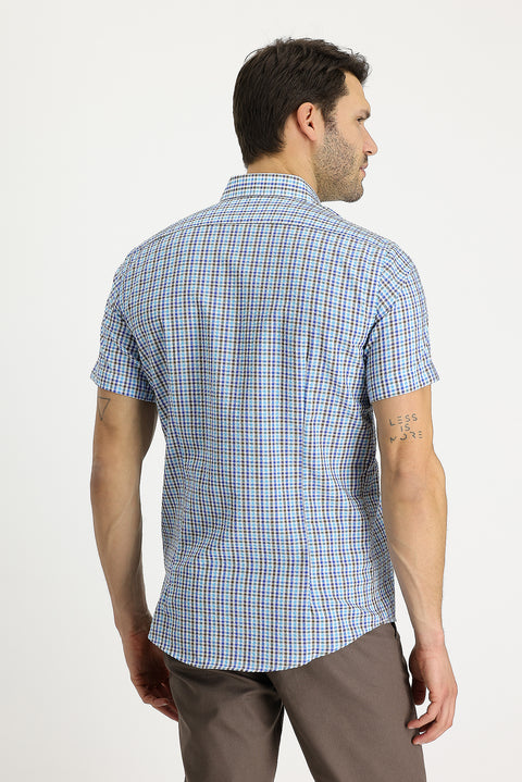 Mavi Kısa Kol Slim Fit Dar Kesim Ekose Gömlek