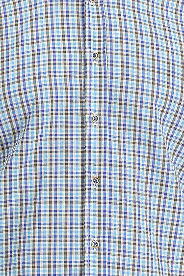 Mavi Kısa Kol Slim Fit Dar Kesim Ekose Pamuklu Gömlek