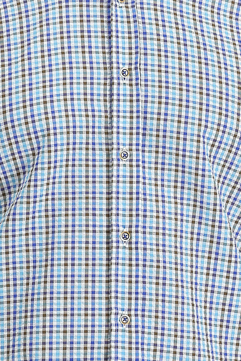 Mavi Kısa Kol Slim Fit Dar Kesim Ekose Gömlek