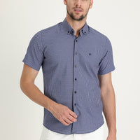 Orta Lacivert Kısa Kol Slim Fit Dar Kesim Ekose Pamuklu Gömlek