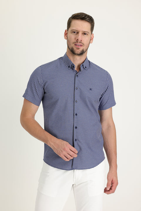Orta Lacivert Kısa Kol Slim Fit Dar Kesim Ekose Pamuklu Gömlek