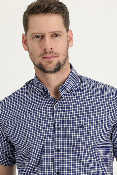 Orta Lacivert Kısa Kol Slim Fit Dar Kesim Ekose Pamuklu Gömlek