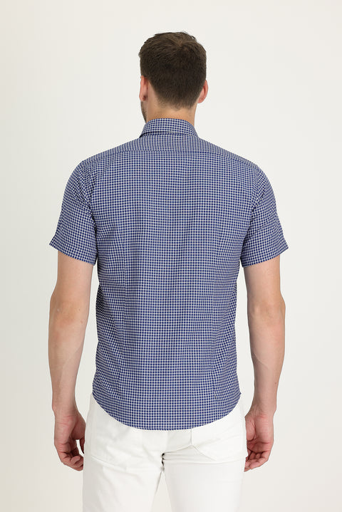 Orta Lacivert Kısa Kol Slim Fit Dar Kesim Ekose Pamuklu Gömlek