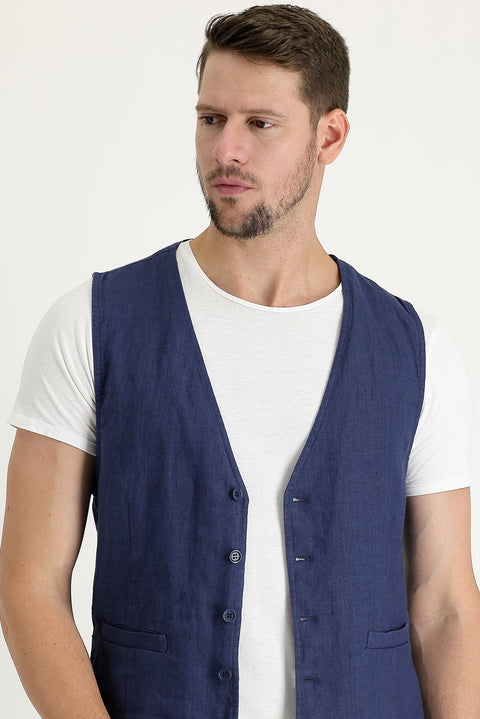 Orta Lacivert Slim Fit Dar Kesim Keten Yelek