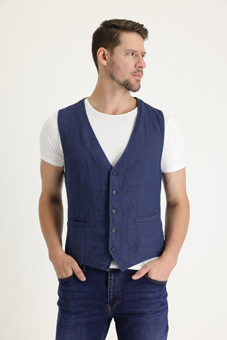  Orta Lacivert Slim Fit Dar Kesim Keten Yelek