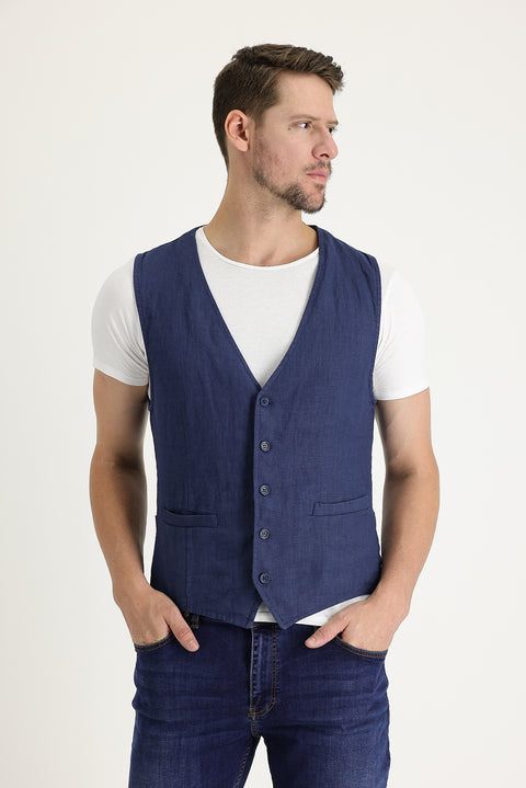 Orta Lacivert Slim Fit Dar Kesim Keten Yelek