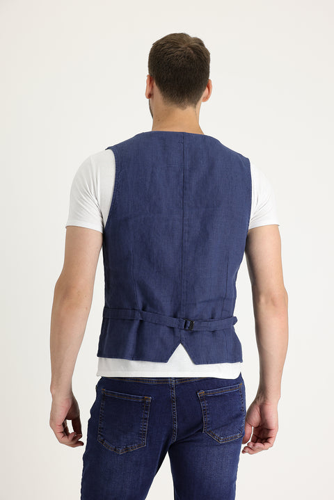 Orta Lacivert Slim Fit Dar Kesim Keten Yelek