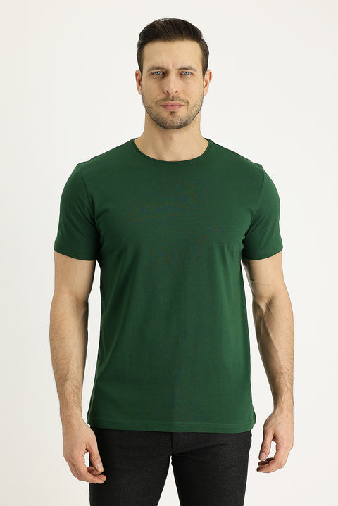 Koyu Yeşil Bisiklet Yaka Regular Fit Süprem Pamuk Tişört