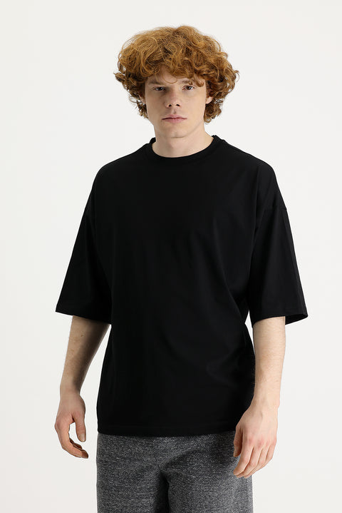 Siyah Bisiklet Yaka Oversize Süprem Pamuk Tişört