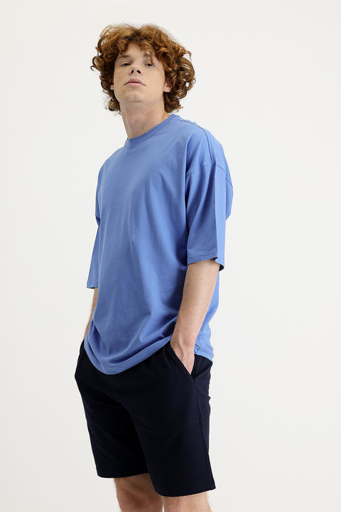 Havacı Mavi Bisiklet Yaka Oversize Süprem Pamuk Tişört