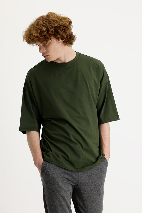 Orta Haki Bisiklet Yaka Oversize Süprem Pamuk Tişört