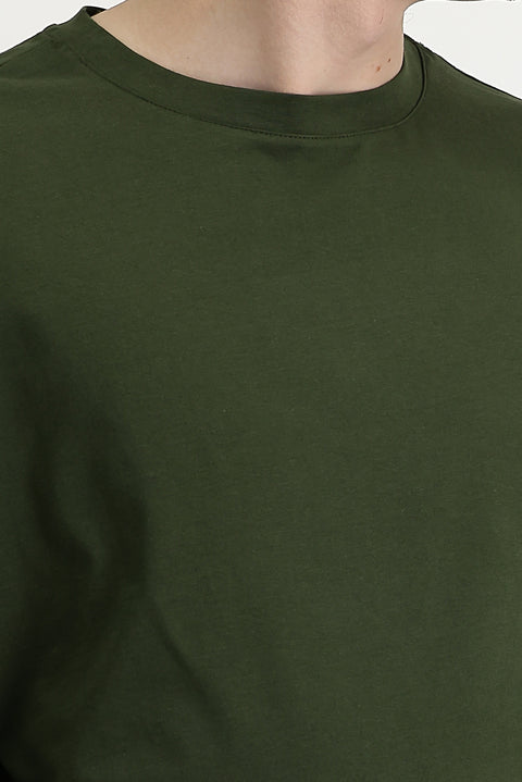 Orta Haki Bisiklet Yaka Oversize Süprem Pamuk Tişört