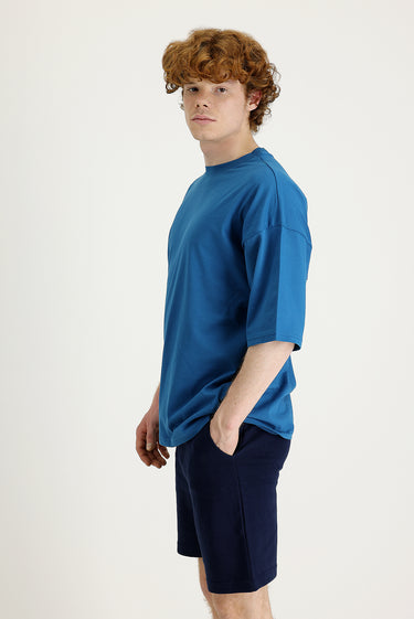 Orta Petrol Bisiklet Yaka Oversize Süprem Pamuk Tişört