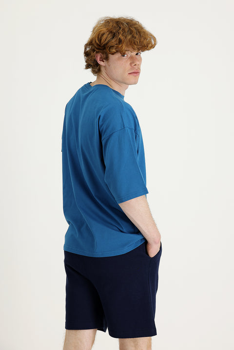 Orta Petrol Bisiklet Yaka Oversize Süprem Pamuk Tişört