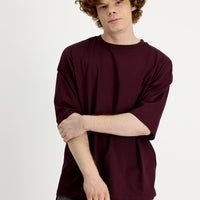 Koyu Bordo Bisiklet Yaka Oversize Süprem Pamuk Tişört