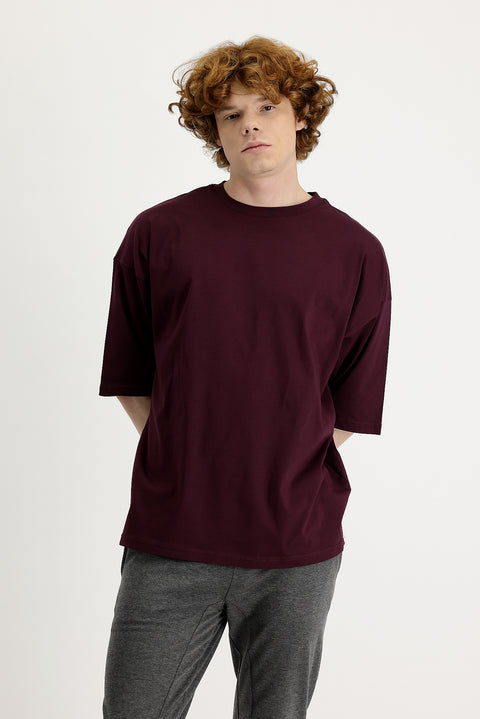 Koyu Bordo Bisiklet Yaka Oversize Süprem Pamuk Tişört