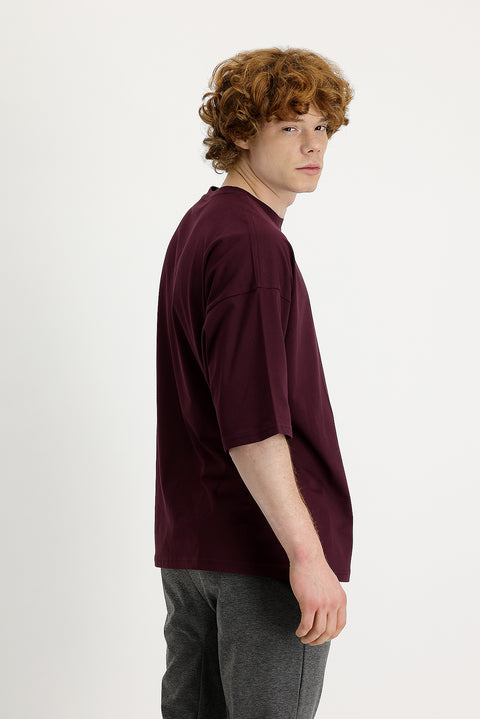 Koyu Bordo Bisiklet Yaka Oversize Süprem Pamuk Tişört