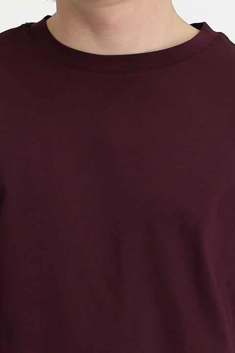 Koyu Bordo Bisiklet Yaka Oversize Süprem Pamuk Tişört