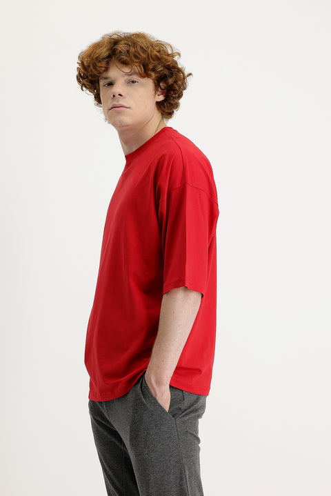 Bayrak Kırmızı Bisiklet Yaka Oversize Süprem Pamuk Tişört