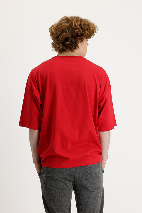 Bayrak Kırmızı Bisiklet Yaka Oversize Süprem Pamuk Tişört