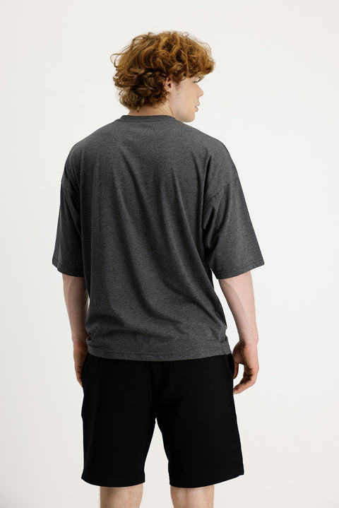 Koyu Antrasit Bisiklet Yaka Oversize Süprem Tişört