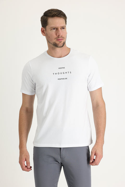 Beyaz Bisiklet Yaka Regular Fit Baskılı Pamuklu Tişört