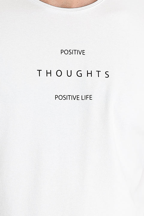 Beyaz Bisiklet Yaka Regular Fit Baskılı Pamuklu Tişört