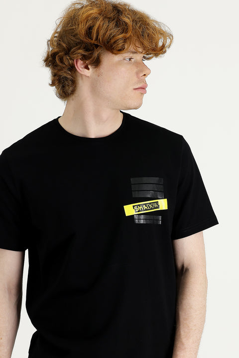 Siyah Bisiklet Yaka Regular Fit Baskılı Pamuklu Tişört