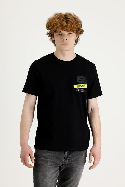 Siyah Bisiklet Yaka Regular Fit Baskılı Pamuklu Tişört