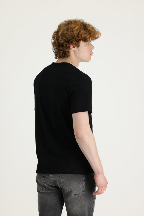 Siyah Bisiklet Yaka Regular Fit Baskılı Pamuklu Tişört