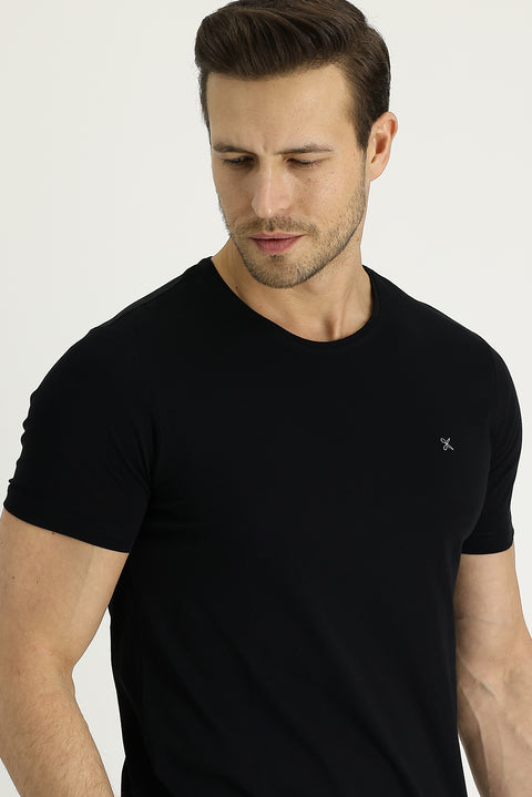 Siyah Bisiklet Yaka Slim Fit Dar Kesim Nakışlı Tişört