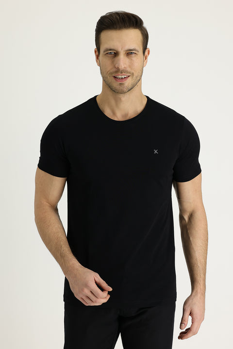 Siyah Bisiklet Yaka Slim Fit Dar Kesim Nakışlı Tişört