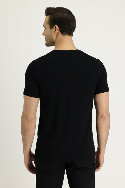 Siyah Bisiklet Yaka Slim Fit Dar Kesim Nakışlı Tişört