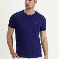 Orta Lacivert Bisiklet Yaka Slim Fit Dar Kesim Nakışlı Tişört