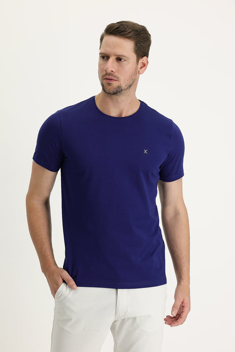 Orta Lacivert Bisiklet Yaka Slim Fit Dar Kesim Nakışlı Tişört