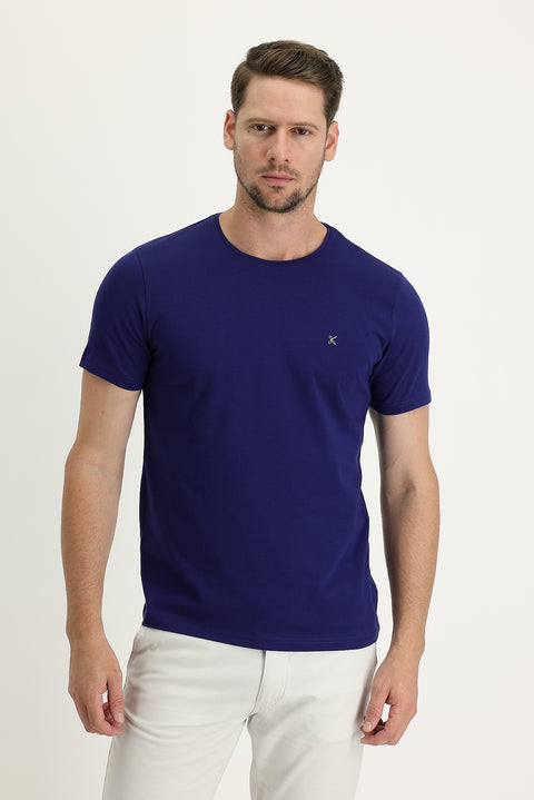 Orta Lacivert Bisiklet Yaka Slim Fit Dar Kesim Nakışlı Tişört