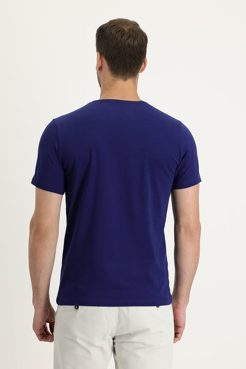 Orta Lacivert Bisiklet Yaka Slim Fit Dar Kesim Nakışlı Tişört