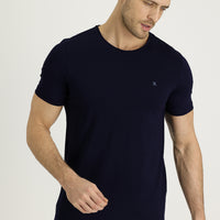 Siyah Lacivert Bisiklet Yaka Slim Fit Dar Kesim Nakışlı Tişört