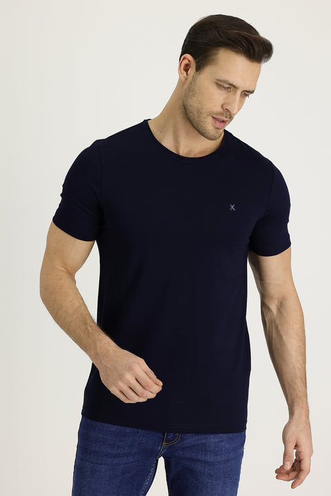 Siyah Lacivert Bisiklet Yaka Slim Fit Dar Kesim Nakışlı Tişört