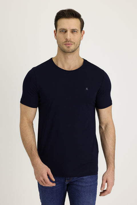 Siyah Lacivert Bisiklet Yaka Slim Fit Dar Kesim Nakışlı Tişört
