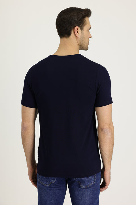 Siyah Lacivert Bisiklet Yaka Slim Fit Dar Kesim Nakışlı Tişört