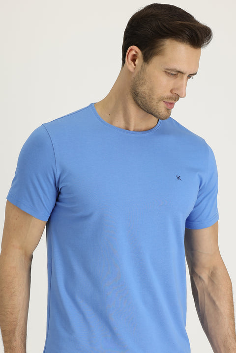 Aviator Blue Crew Neck Slim Fit Embroidered T-Shirt